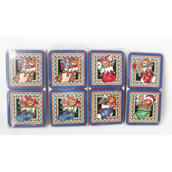Pimpernel Christmas Stocking Teddy Bear Vintage Coasters 8 NOS - Picture 1 of 6